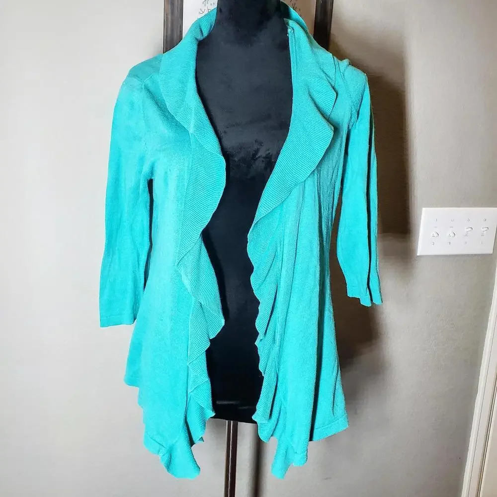 east 5th women's aqua ruffled open front cardigan size petite large PL